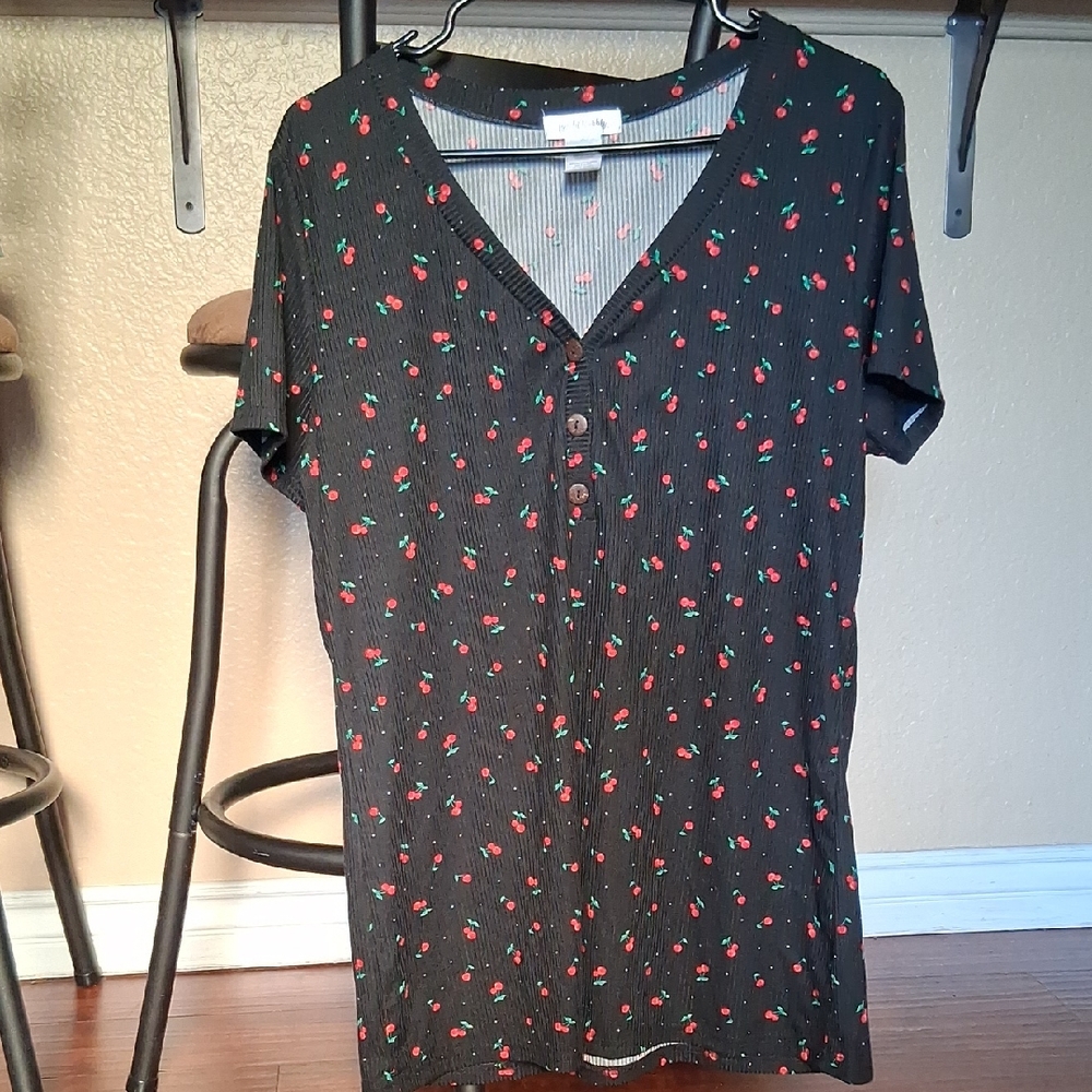 Black Cherry Print Button-Up Top